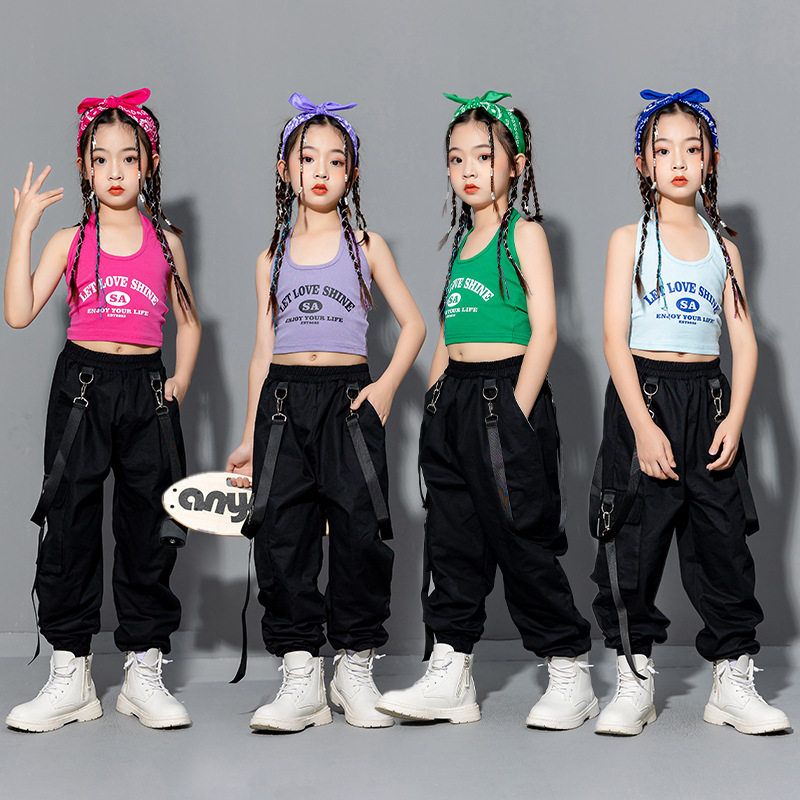 儿童爵士舞jazz露脐装短款上衣T恤衫女童舞蹈走秀演出服套装夏季