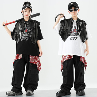 儿童街舞潮服演出服男童套装hiphop嘻哈皮衣马甲女童酷帅popping