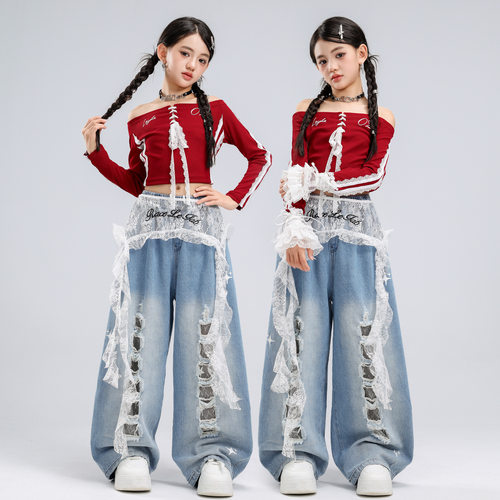 爵士舞服装女童套装舞蹈练功服少儿jazz女孩牛仔长裤走秀表演出服