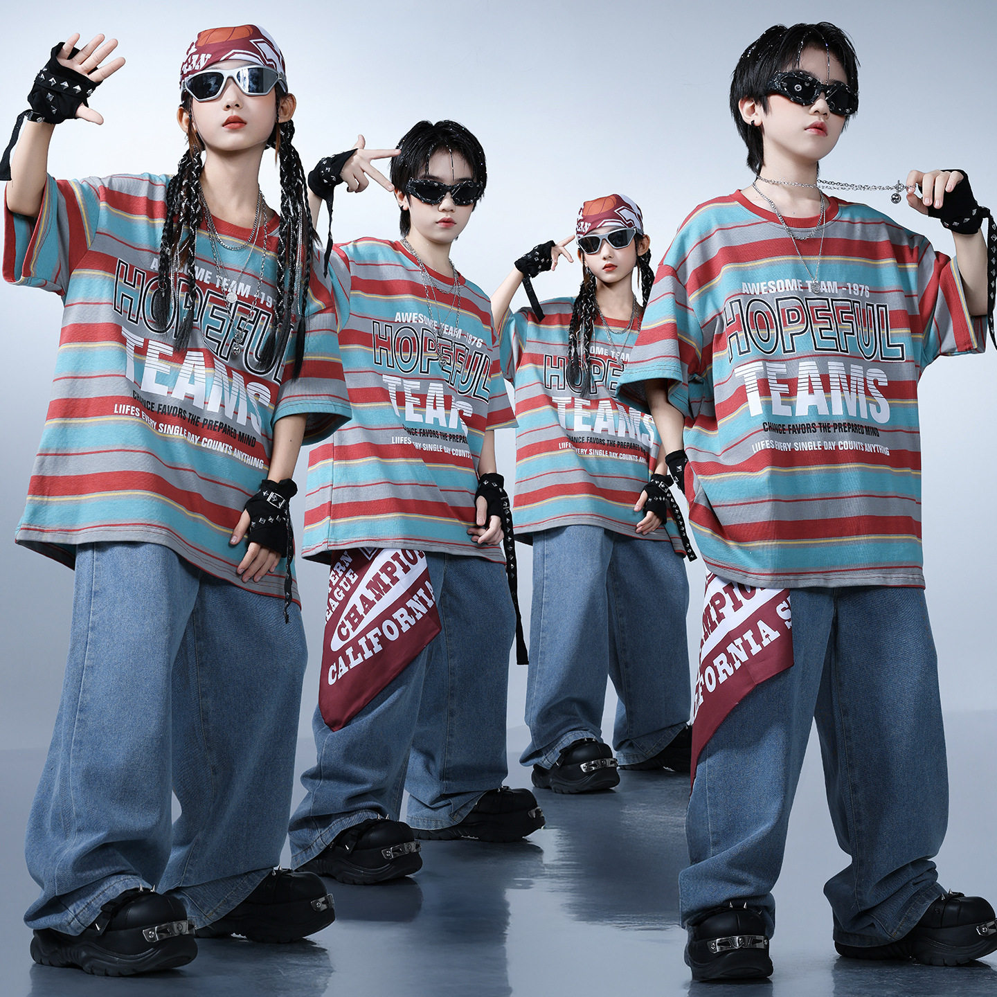 儿童街舞演出服少儿帅气条纹体恤女生爵士舞男孩嘻哈hiphop表演服