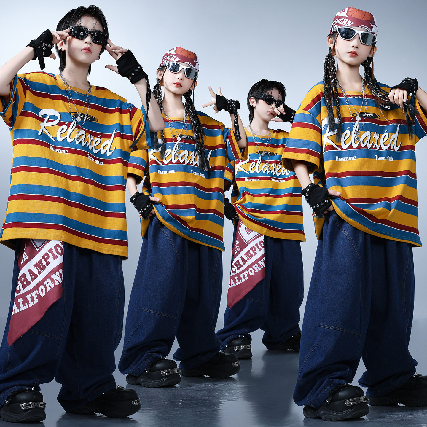 儿童街舞潮服装少儿帅气条纹架子鼓表演服男女孩嘻哈hiphop演出服