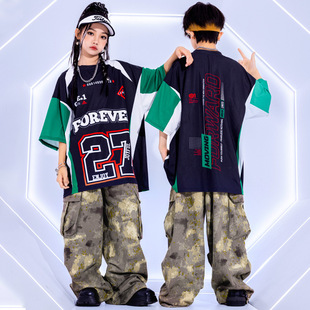儿童bboy街舞夏季套装男童演出服帅气工装裤女孩hiphop酷炫迷彩裤
