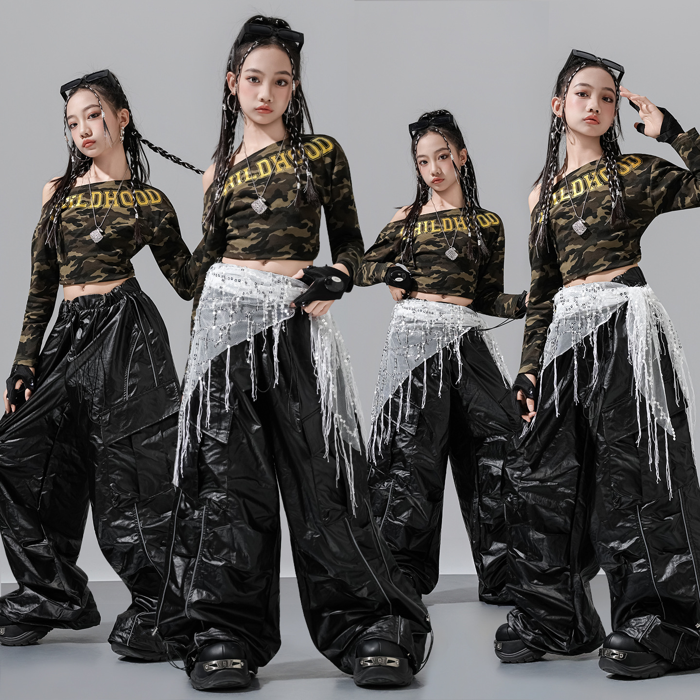 儿童街舞演出服hiphop嘻哈潮酷迷彩斜肩长袖套装女童爵士舞潮