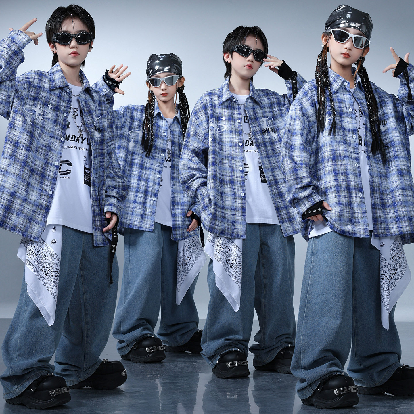 儿童街舞潮服男童酷帅嘻哈风格子衬衫少儿架子鼓女孩popping套装