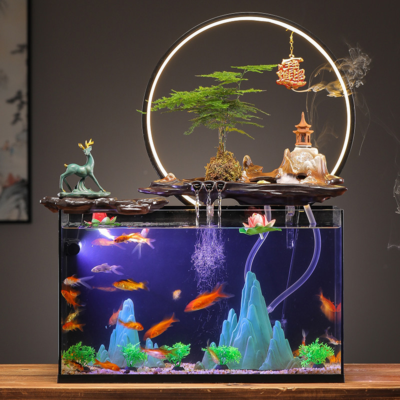 鱼缸方形客厅小型桌面超白玻璃陶瓷循环增氧过滤景观创意家流水
