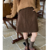 复古咖色灯芯绒半身裙大口袋中裙秋冬胖mm高腰遮胯显瘦百搭a字裙