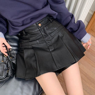 设计感PU皮裙百褶裙裤 裙胖m高腰显瘦防走光A字短裙 女秋冬假俩件裤