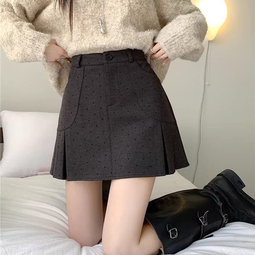灰色毛呢半身裙女秋冬季加厚百褶裙大码高腰短裙复古波点a字裙子
