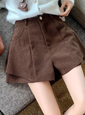 复古灯芯绒裙裤女秋冬大码不规则设计感高腰百搭条绒A字阔腿短裤
