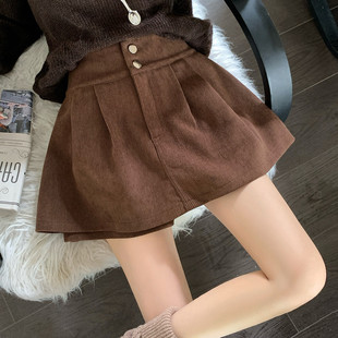 复古咖色灯芯绒半身裙秋冬胖m高腰防走光a字遮胯不规则百褶裙裤 女