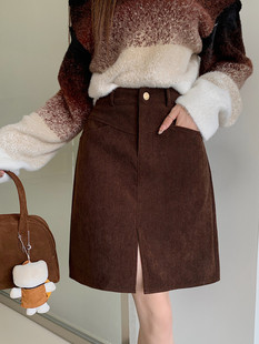 咖色灯芯绒半身裙2023秋冬新款 高腰开叉a字包臀裙胖m显瘦中裙 大码