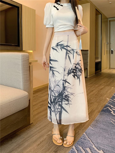 竹叶水墨画半身裙长裙子新中式