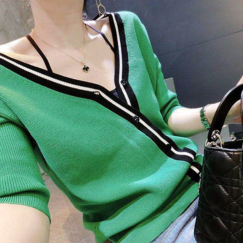 清仓特价条纹百搭简约针织衫开衫女式中袖薄款防晒空调衫披肩外套