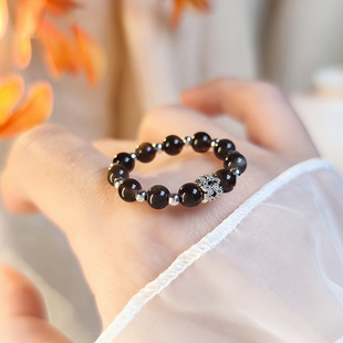 复古素圈串珠戒指女甜酷个性银曜石情侣款配饰时尚新款简约食指戒