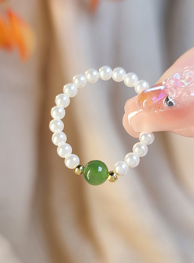 简约高级感贝珠戒指女款新中式和田玉复古小众高级感指环串珠尾戒