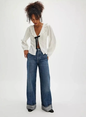 Fashion retro high waist thin straight casual wide leg loose