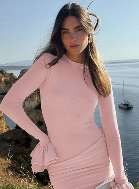 Slim Sexy Round Neck Pleated Solid Colour Flare Sleeve Hip W