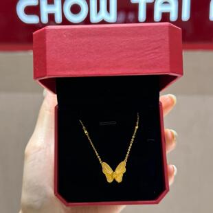周大福代购 新款拉丝足金爆闪蝴蝶黄金项链女 克减80 计价F231708
