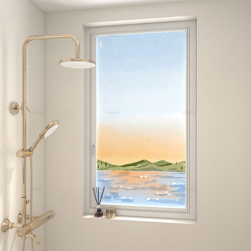 水彩风风景磨砂玻璃贴膜静电贴