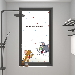 南墙壁纸猫和老鼠卡通玻璃窗防窥膜厕所洗澡间厨房窗户静电贴纸