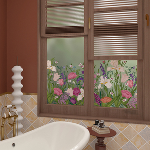 静电自粘贴膜植物高级感美式复古厕所透光不透人防窥玻璃贴纸窗户