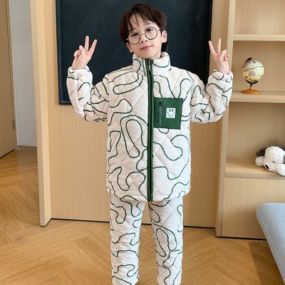 冬季三层加厚夹棉儿童睡衣可爱男童拉链可外穿家居服套装