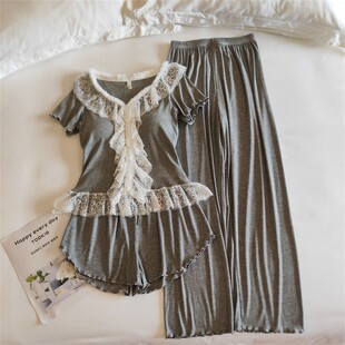 莫代尔奢华家居服毛边显瘦韩版 纯欲夏季 三件套 睡衣女千金法式 新款