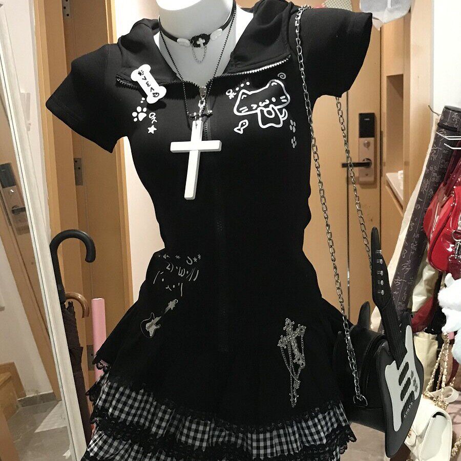 日系可爱亚文化套装夏日宅系连帽上衣短袖女蓬蓬蛋糕裙短裙两件套