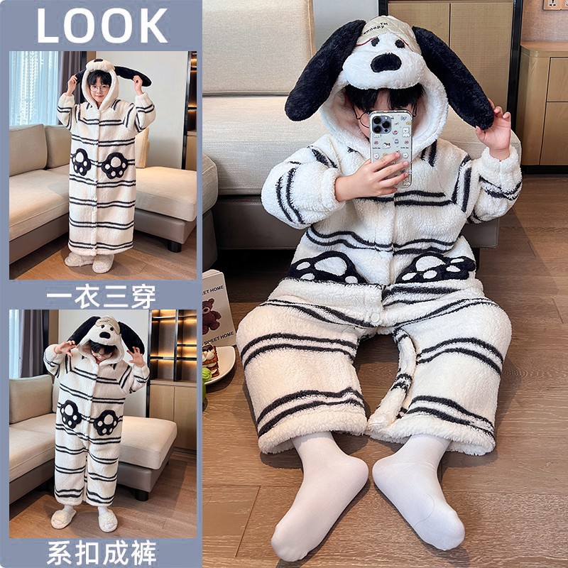 秋冬季儿童睡衣长毛绒连帽开衫连体睡袍加厚加绒男女童家居服