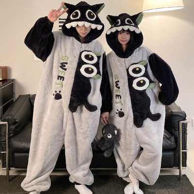 情侣睡衣女加厚珊瑚绒秋冬季可爱连体罗小黑家居服冬天男款卡通
