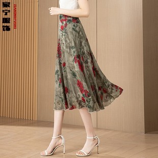 2025夏季 大摆跳舞裙 新款 国风印花雪纺半身短裙女高腰A字裙中长款
