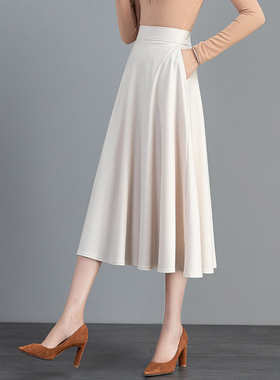 垂感A字半身裙女春季2025新款高腰中长款百褶裙白色休闲大摆伞裙