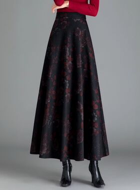 2025年冬季新款加厚毛呢印花半身裙长裙女大码高腰a字裙大摆舞裙
