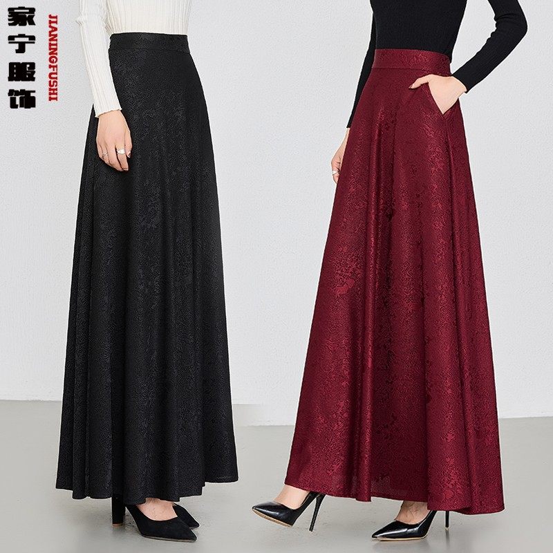 2025秋季新款国风黑色提花半身裙长裙舞裙红色高腰修身显瘦A字裙