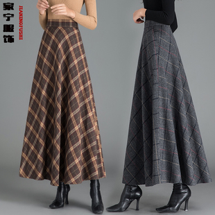 胖mm长裙 格子毛呢半身裙百搭垂坠感高腰a字裙大码 2022年冬季 新款