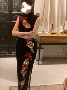 绾绾wan《邓小姐》秋冬厚丝绒定制亮片港工长旗袍