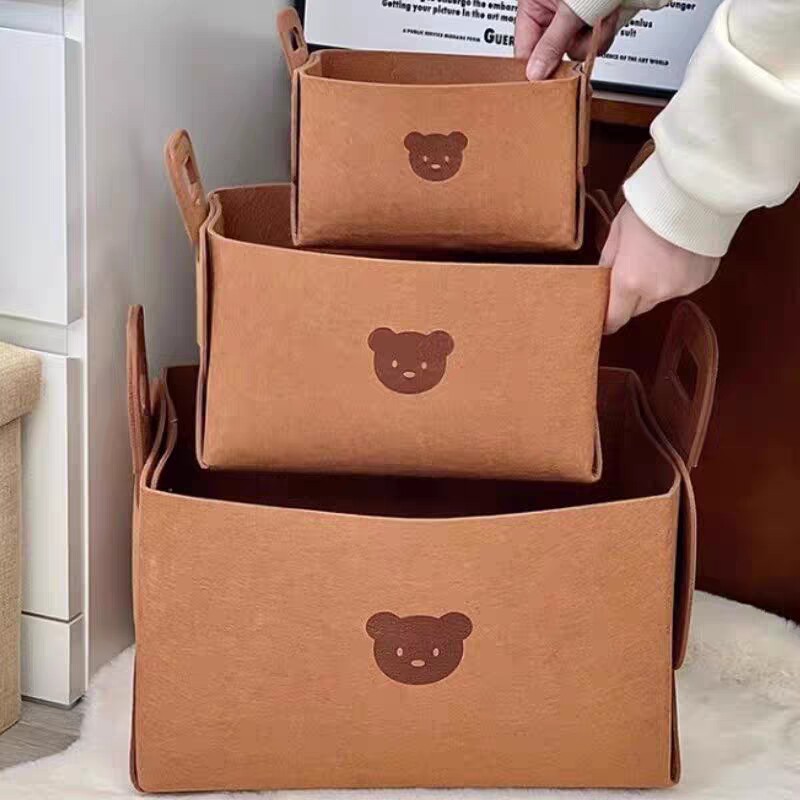 小熊毛毡收纳可折叠玩具衣篮桌面整理盒化妆品杂物零食篮脏