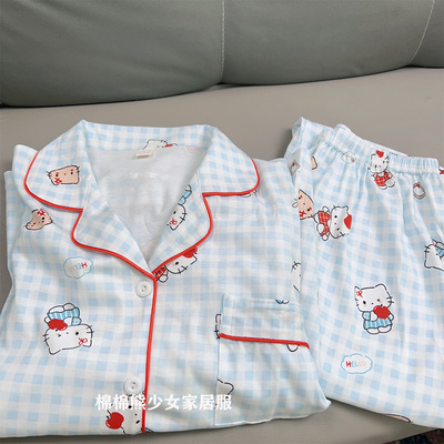 可爱kitty猫睡衣女春秋纯棉卡通