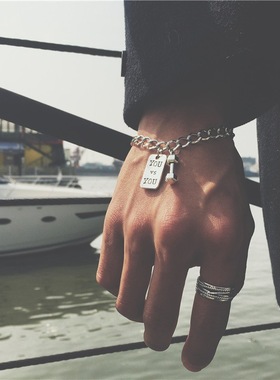 欧美韩银色男女嘻哈链条复古情侣健身YOU和ME哑铃方牌手链朋克风