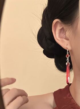 民族风清冷水滴流苏耳环新中式复古中国风旗袍汉服耳钉冷淡风饰品