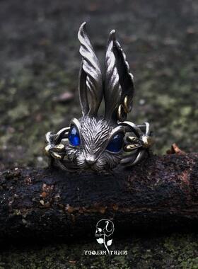 复古银色爱丽丝兔子开口戒指指环 欧美大耳朵红眼兔戒指ins男女戒