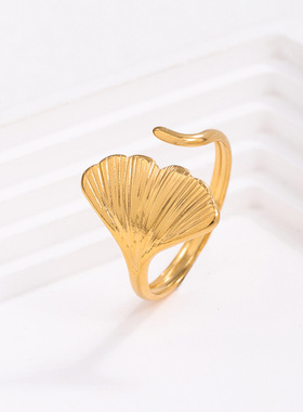 简约ins风森系银杏叶不锈钢戒指女小众设计立体艺术开口钛钢戒指