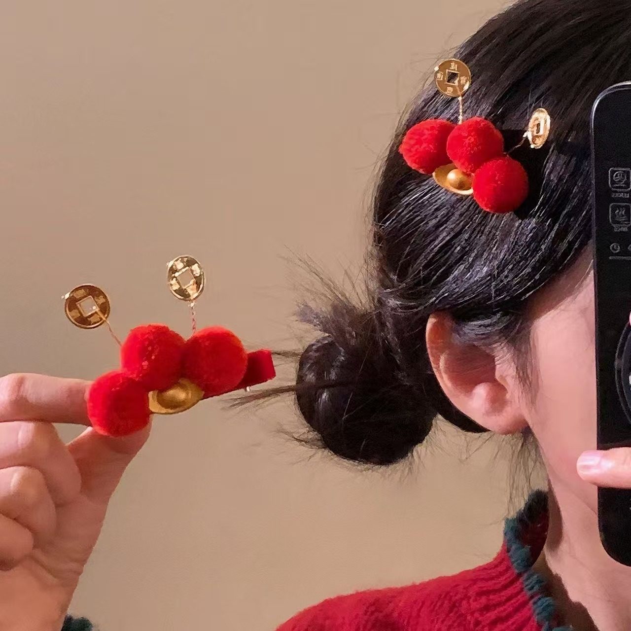 招财元宝发夹新年红色喜庆头饰财神汉服洋气侧边夹鸭嘴夹刘海夹子,饰品/流行首饰/时尚饰品新,民族风发饰,淘宝优惠券,粉丝福利购,淘宝优惠卷