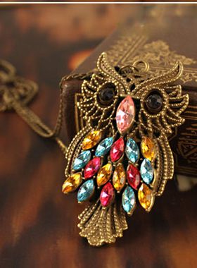 欧美复古饰品  韩版彩钻 猫头鹰项链 毛衣链  长项链 男女