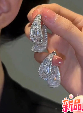 奢华锆石前后式交叉弧形水滴耳环女高级精致百搭时尚气质个性