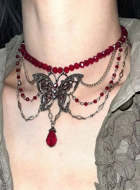 甜酷气质红色水晶串珠蝴蝶流苏项链女复古夸张个性小众锁骨