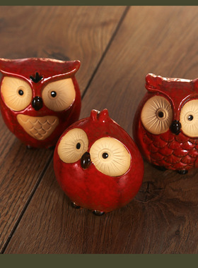 陶瓷窑变工艺品  套三猫头鹰家居摆件 陶瓷工艺品czm20陶瓷工