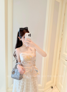 【未及你矜贵】国风重工刺绣吊带连衣裙套装气质收腰长裙女纱裙