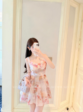 【小说女主连衣裙】立体花朵印花抹胸收腰吊带短裙连衣裙度假裙
