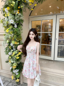 清纯法式 初恋小碎花 碎花绑带吊带连衣裙女夏收腰显瘦蓬蓬短裙